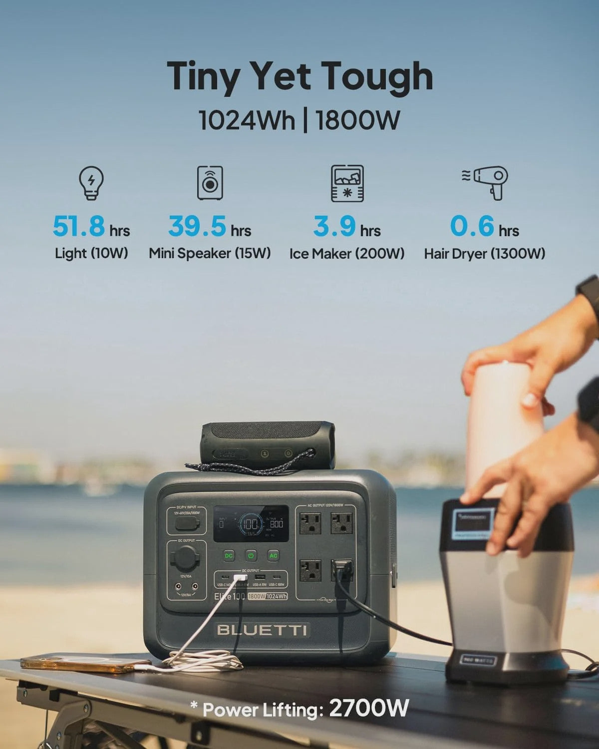 BLUETTI Elite 100 V2 Portable Solar Generator, 1024Wh LFP Battery, 1800W AC Output, Compact Backup Power for Camping and Home