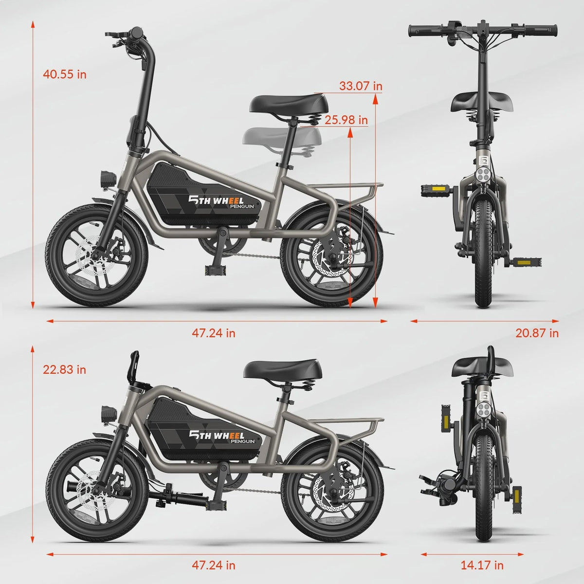 5TH WHEEL 14 in Electric Bike for Adults with 650W Peak Motor Electric Bicycle, 36V 7.8Ah Battery Ebike, UL2849