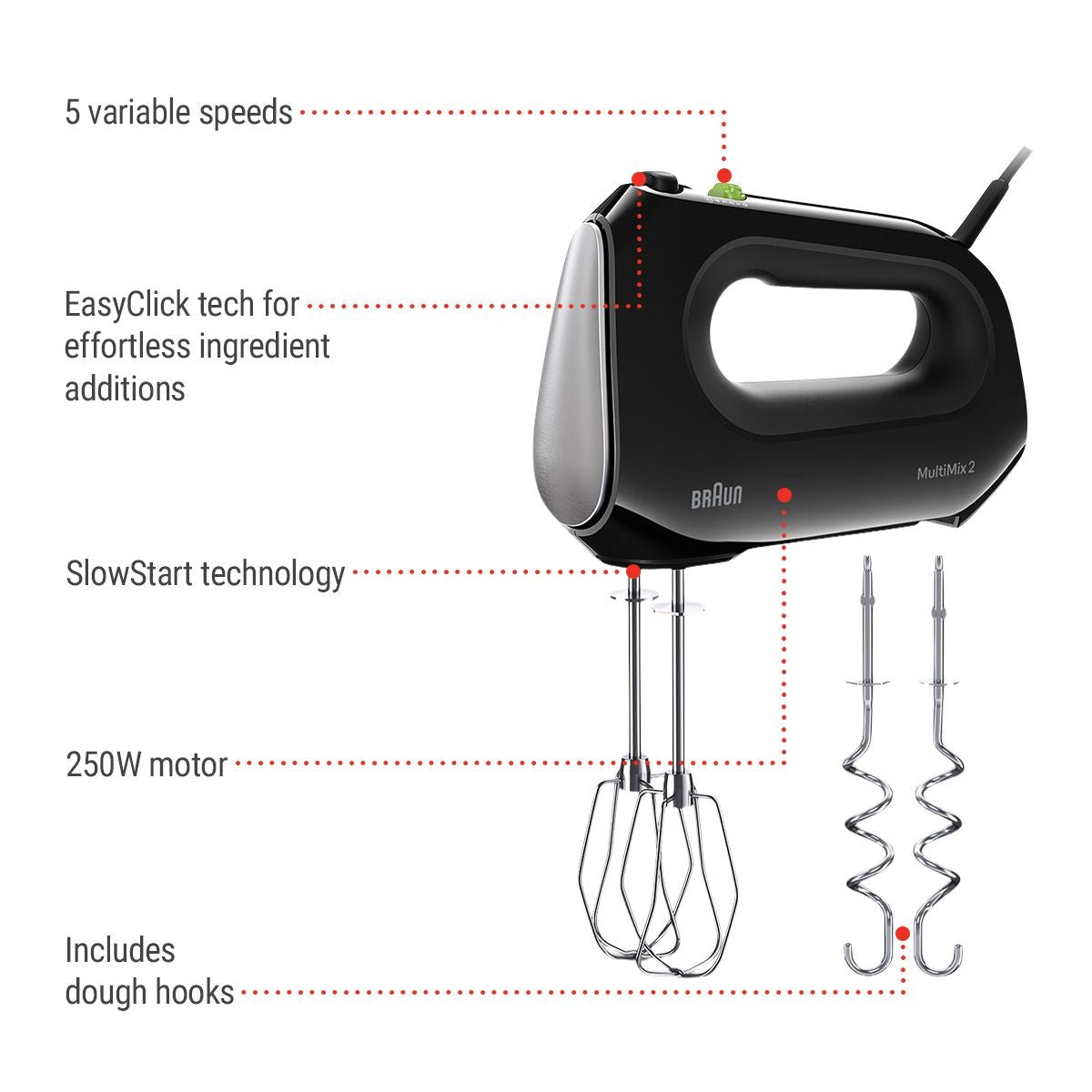 Braun MultiMix 2 5-Speed Hand Mixer, Includes MultiWhisk Beater, 250W, Black
