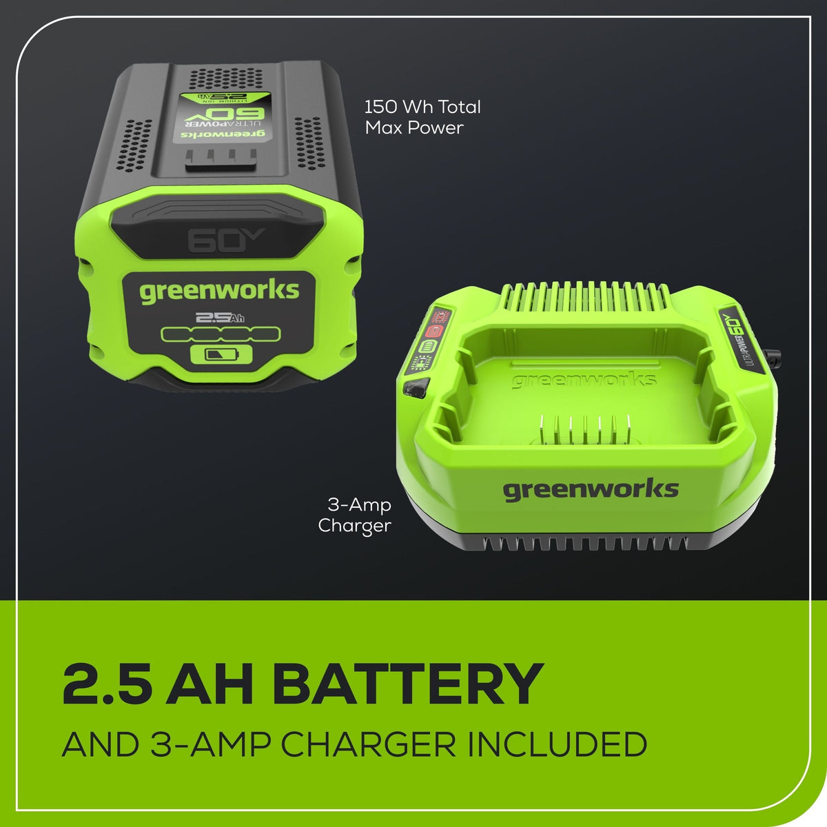 Greenworks 60V 630CFM 170MPH Leaf Blower 2.5Ah Battery 3A Charger