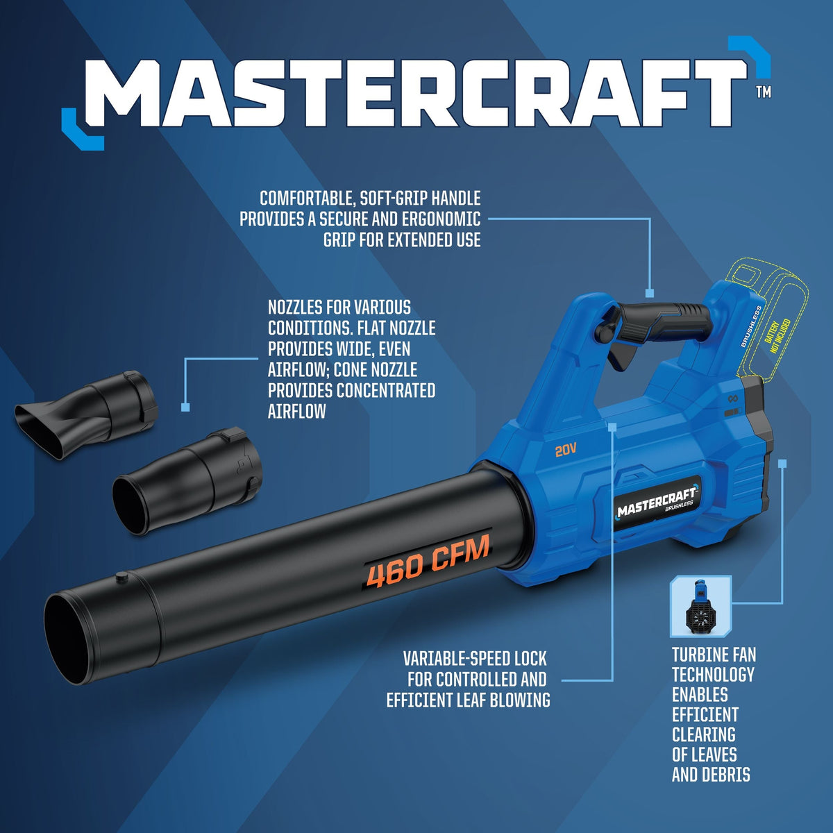 Mastercraft 20V Cordless 460 CFM Brushless Leaf Blower, Tool Only, PWR POD Compatible