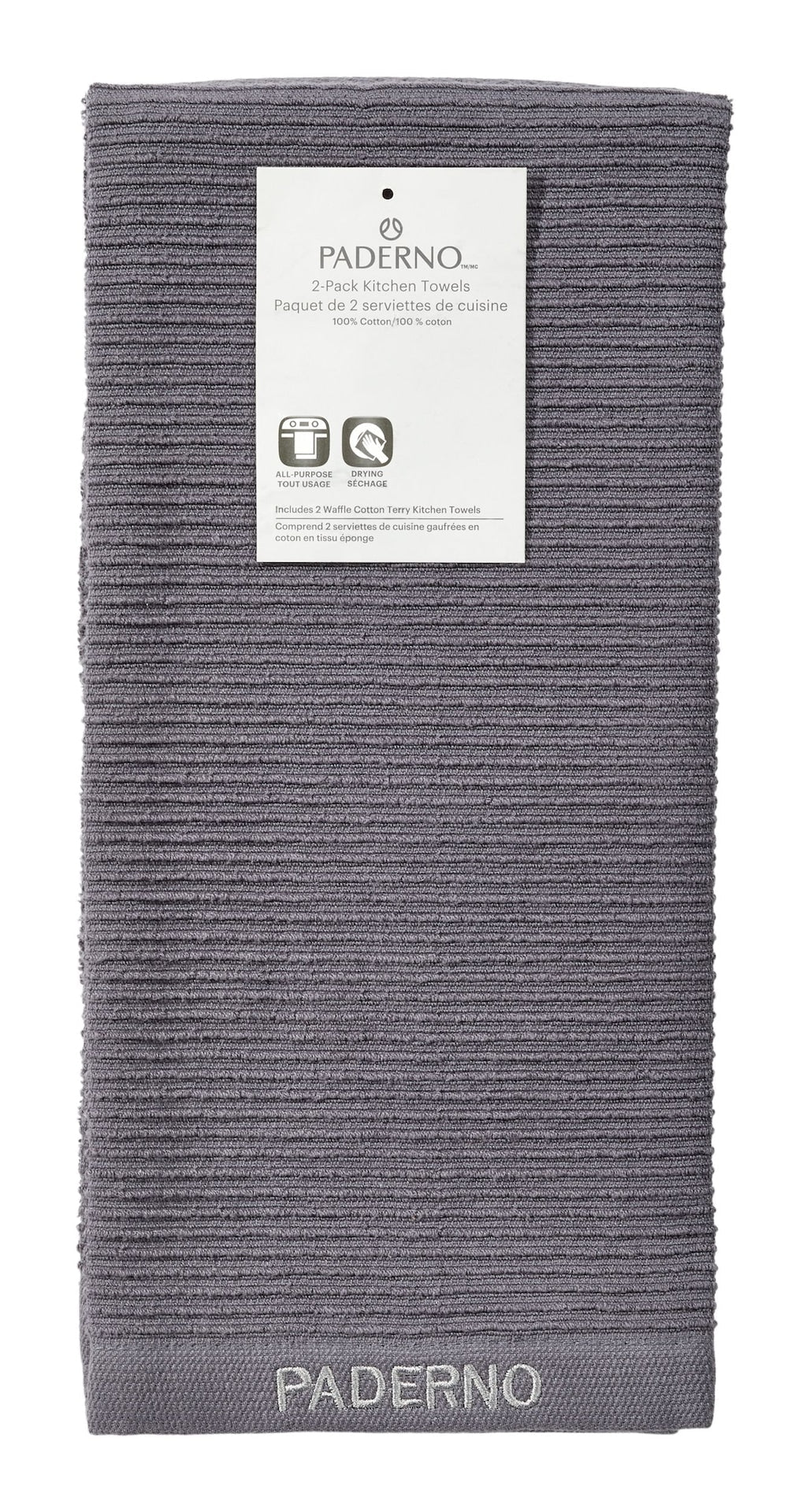PADERNO All-Purpose Ribbed Cotton Terry Kitchen Towels, Charcoal, 2-pk