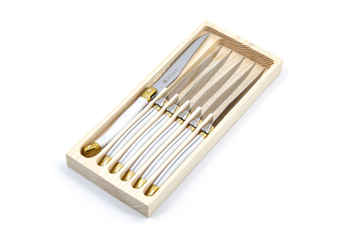 Sabatier Laguiole Steak Knife Set, White/Gold, 6-pc
