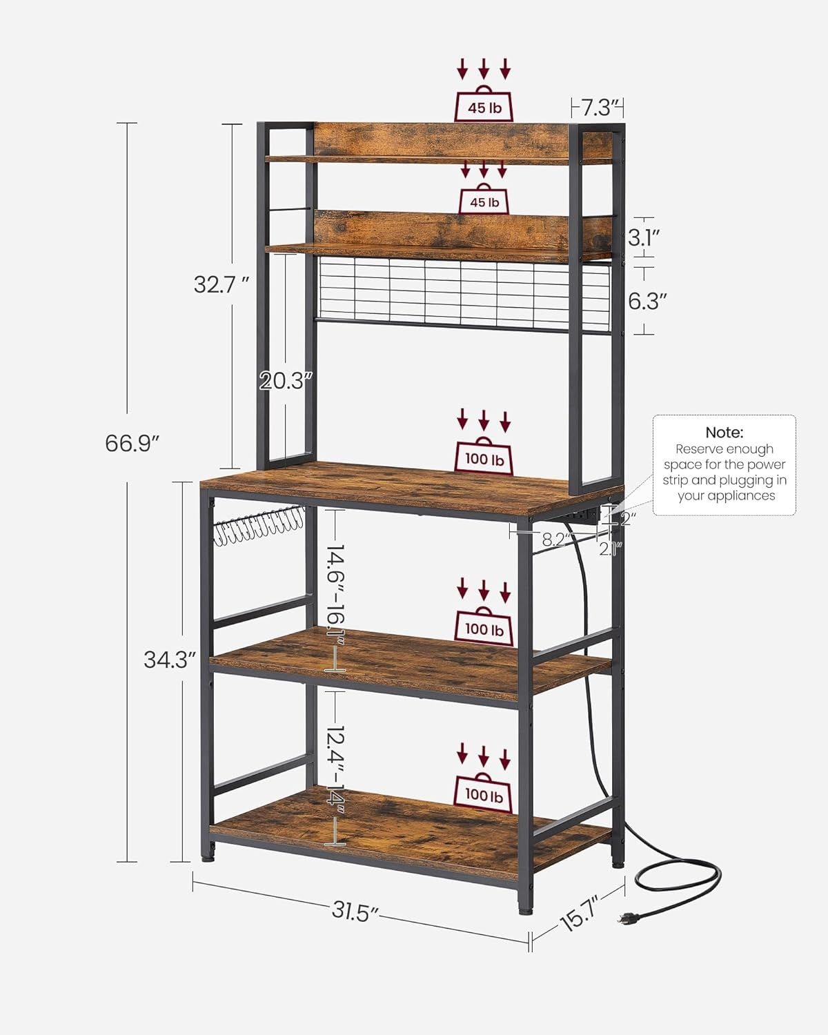 Songmics Home Rustic Brown Baker's Rack with Charging Station