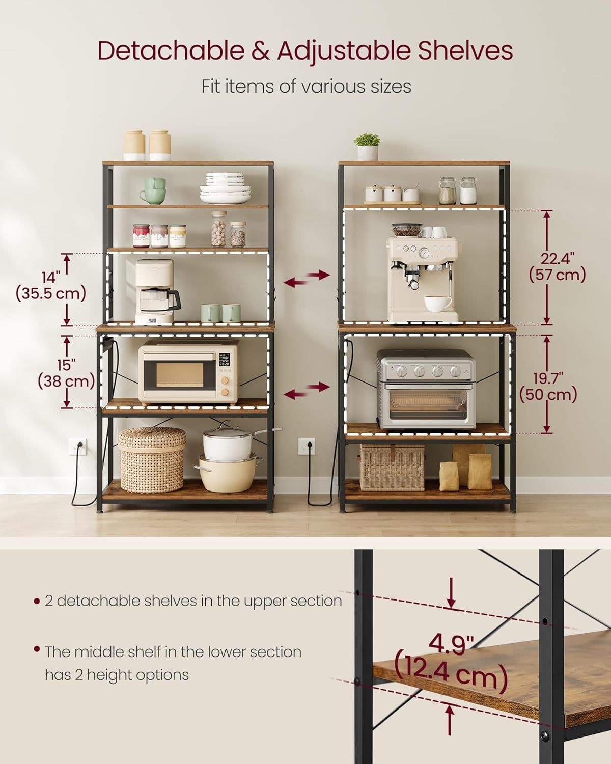 Songmics Home Small Rustic Brown Baker's Rack with 4 AC Outlets