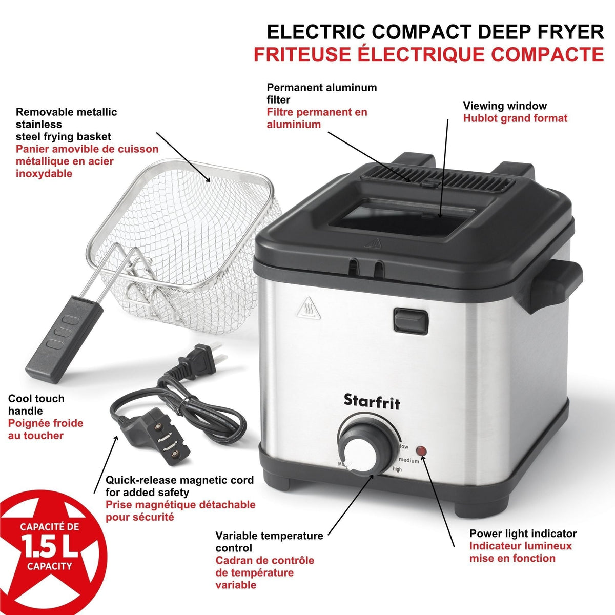 Starfrit Deep Fryer with Variable Temperature Control, 1.5-L