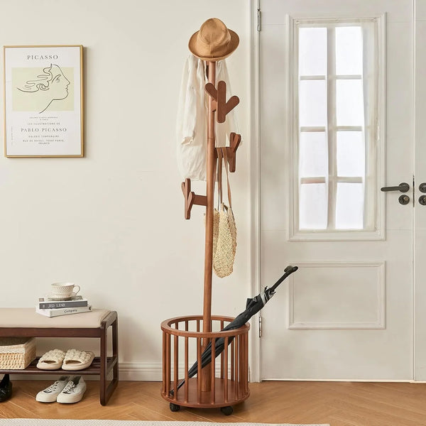 Wood Coat Rack Freestanding - Wooden Coat Tree Hat Rack with 12 Hooks, Clothes Coats Hanger Stand Rolling Racks with Umbrella Holder Wheels for Bedroom Entryway Hallway Livingroom (Walnut) Q1