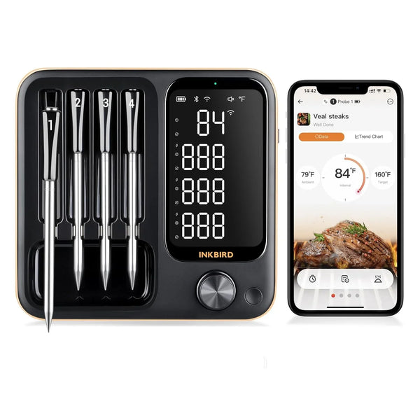 True wireless meat thermometer, equipped with 4 probes, Bluetooth meat thermometer, with backlit LCD display, Wi-Fi-enabled smart food thermometer, rechargeable, suitable for barbecue grills, charcoal grills, ovens, and rotating barbecue racks. U6