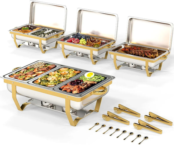 4 Pack Stainless Steel Chafing Dishes for Buffet, 9 QT Capacity 7 Pans Food Warmers for Parties, Weddings, Events Hosting, Family Gatherings, Full Set Catering Server with Serving Utensils Accessories I3