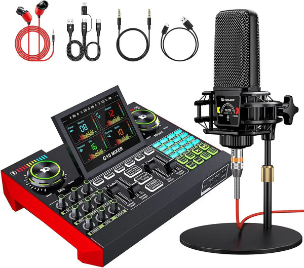Podcast Equipment Bundle,with 3.5mm Condenser Microphone & Live Sound Card - Audio Mixer for Streaming, PC/Mobile Live Singing, Gaming Content Creators, Soundboard with USB Computer Interface Z4