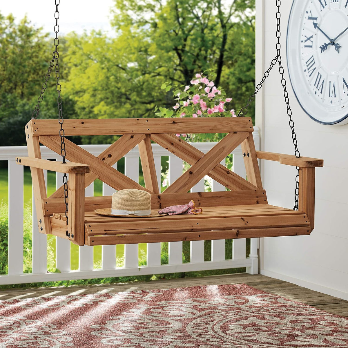 Backyard Discovery 55" Cedar Wood Farmhouse Outdoor Porch Swing Bench with Two-Person Seating, Durable Hanging Chains, Water-Resistant, Heavy-Duty 600 Lbs Weight Capacity for Patio, Deck, Garden