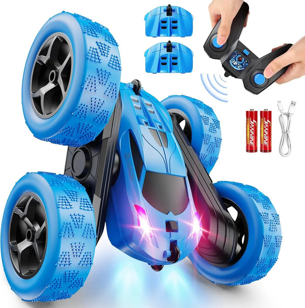 Children's version remote control car (suitable for children over 6 years old), RC car stunt toy, four-wheel drive, double-sided design, 360° rotating remote control, with headlights, is a birthday or Christmas gift for boys aged 6, 7, 8, 9, 10, 11, V7