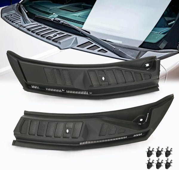 The front windshield wiper cover panel grille is compatible with the 2009 - 2014 models of Ford F150. It features two front insert panels on both the left and right sides. T4