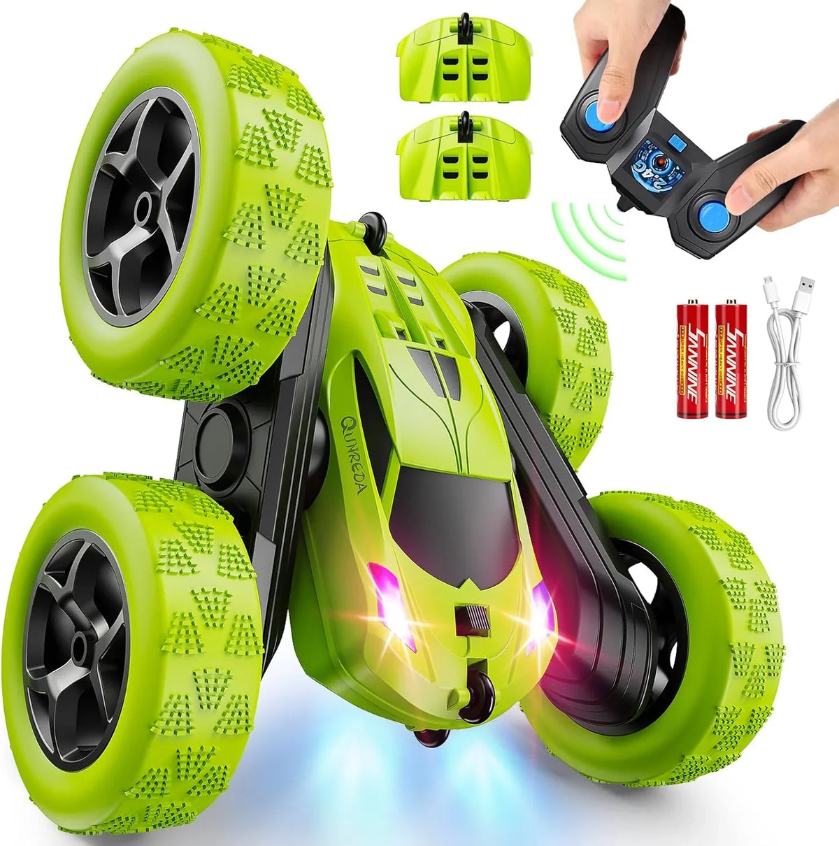 Children's version remote control car (suitable for children over 6 years old), RC car stunt toy, four-wheel drive, double-sided design, 360° rotating remote control, with headlights, is a birthday or Christmas gift for boys aged 6, 7, 8, 9, 10, 11,