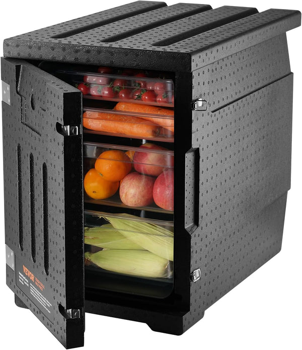 Food tray transportation box, 95-gallon insulated box for the catering industry, LLDPE food tray box with double clasps, front-mounted food heater with handle, suitable for stacking end loaders in restaurants, canteens, etc. black Q0