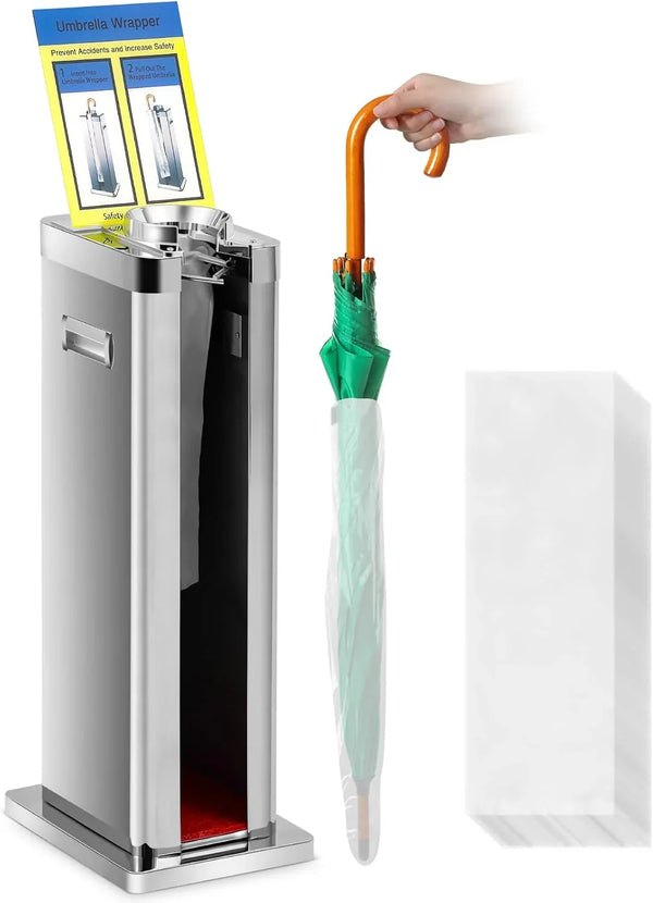 Automatic wet umbrella packaging machine, stainless steel single-slot umbrella bag distributor bracket, equipped with 1000 long umbrella bags and warning signs, suitable for commercial shopping centers, hotels, in silver color. D0
