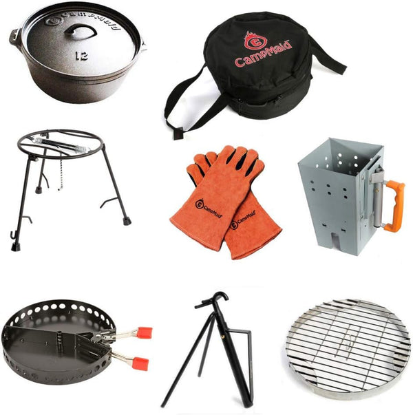 Outdoor Cooking Set - Dutch Oven and Tools Set - Charcoal Holder & Cast Iron Grill Accessories - Camping Grill Set - Outdoor Cooking Essentials - Camp Kitchen Equipment - (8 Piece Set) D3