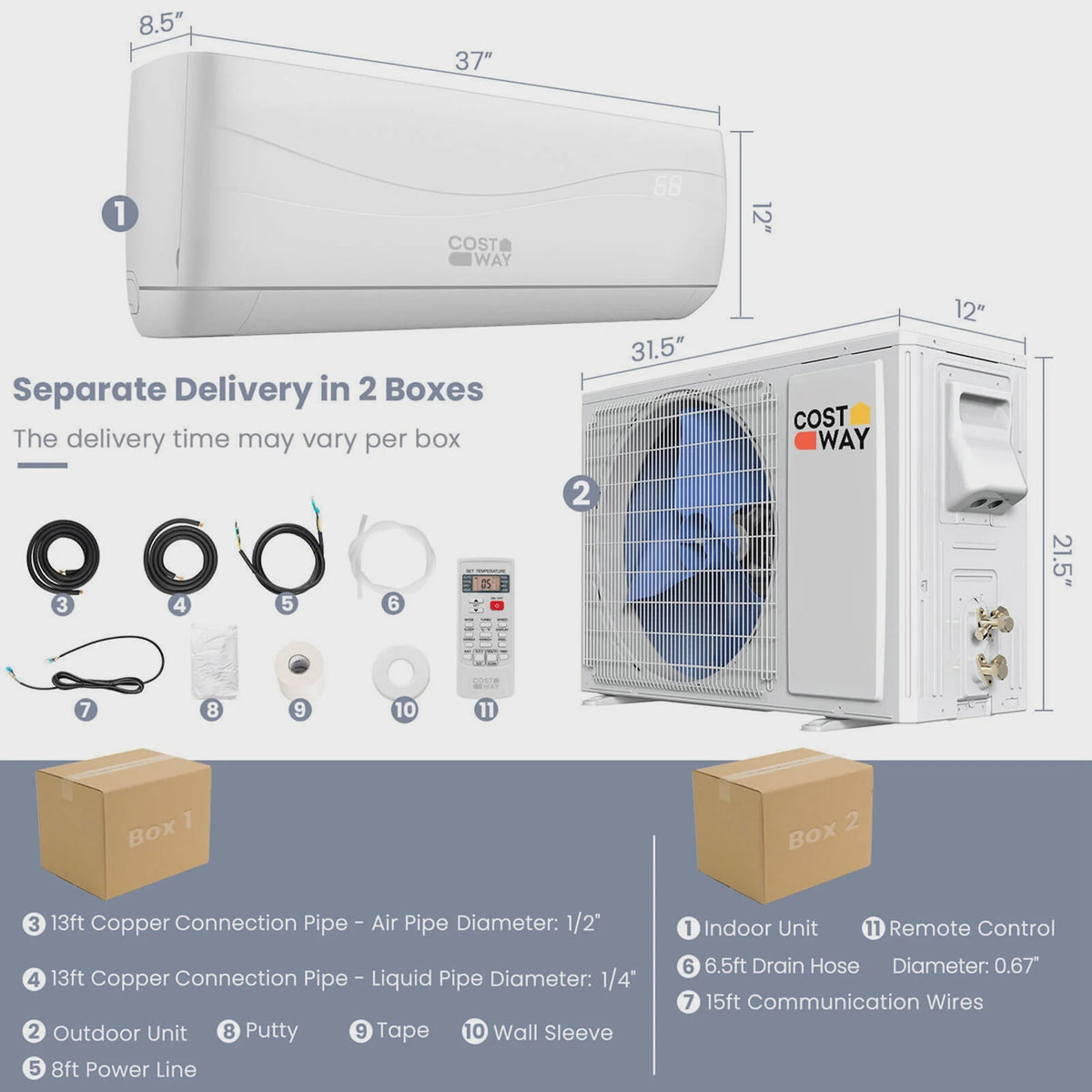 Costway 18000 BTU Mini Split Air Conditioner Heater 19 SEER2 1250 Sq. Ft Coverage
