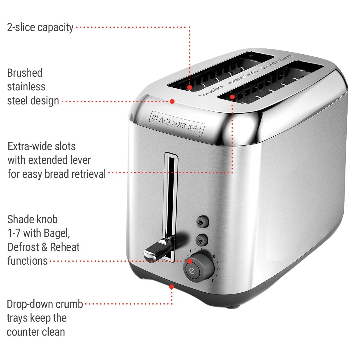 Black & Decker Kitchen Tools Extra Wide Slots Toaster with 7 Settings, Stainless Steel, 2-Slices