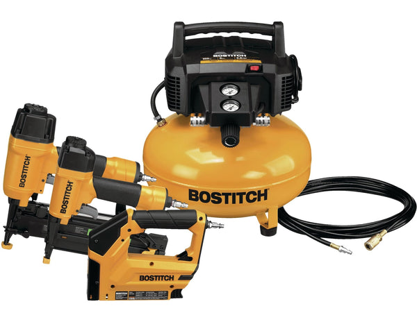 Bostitch Oil-Free Portable 3-Gun & Pancake Air Compressor Combo Kit, 150-PSI L0