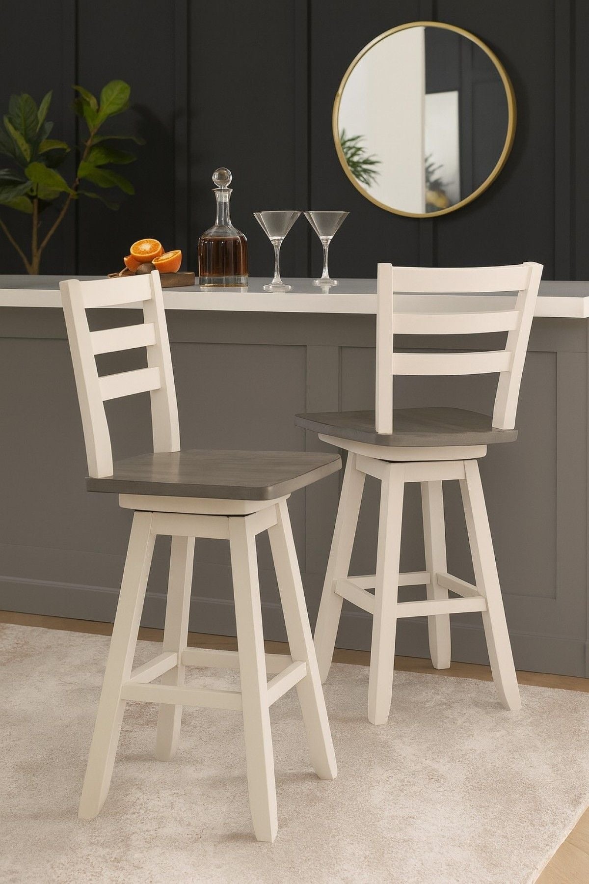 Brassex Alice Grey/White Swivel Counter/Bar Stool with Back Rest, 2-pc