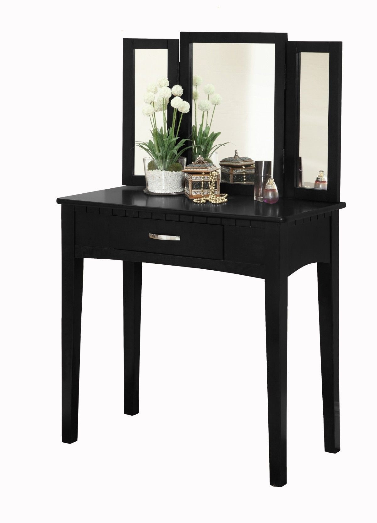 Brassex Lynn 1-Drawer Black Dressing Table Makeup Vanity Set with Stool and Mirror