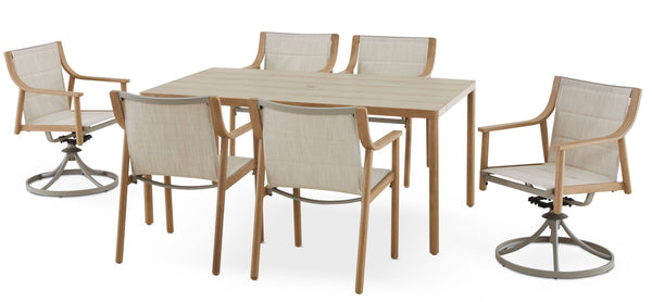 CANVAS Sauble Sling Outdoor Patio Dining Set with Swivel Chairs and Umbrella Hole, Tan, 7-pc A9