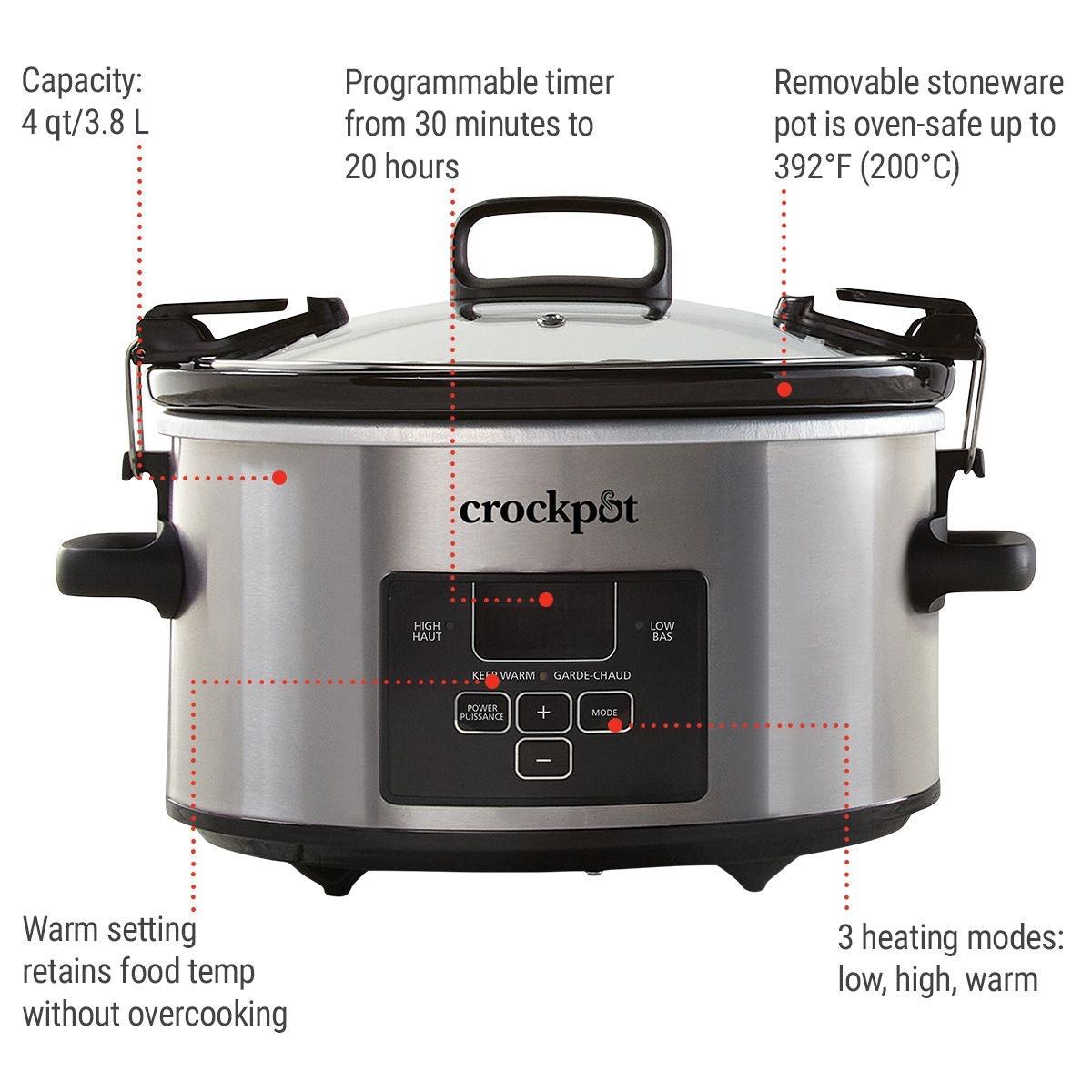 Crock-Pot Digital Programmable Slow Cooker with Locking Lid, Feeds 4 People & More, Stainless Steel, 4-qt