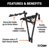 CURT 18013 Clamp-On 3-Bike Hitch Mount Bike Rack, Fits Over 2-in Receiver, Black