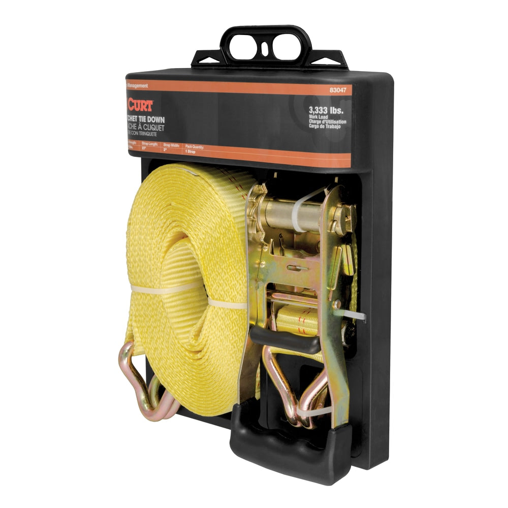CURT 83047 Cargo Strap with J-Hooks, Yellow, 3,333-lb, 27-ft