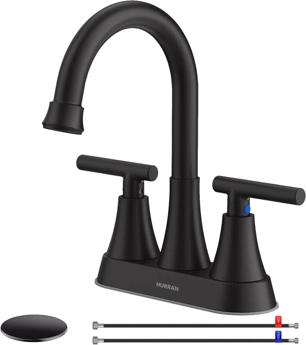 Bathroom Faucets for Sink 3 Hole, Hurran 4 inch Matte Black Bathroom Sink Faucet with Pop-up Drain P1