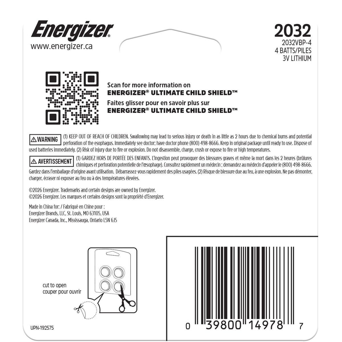 Energizer 2032 Child Shield Lithium Battery, 4-Pack