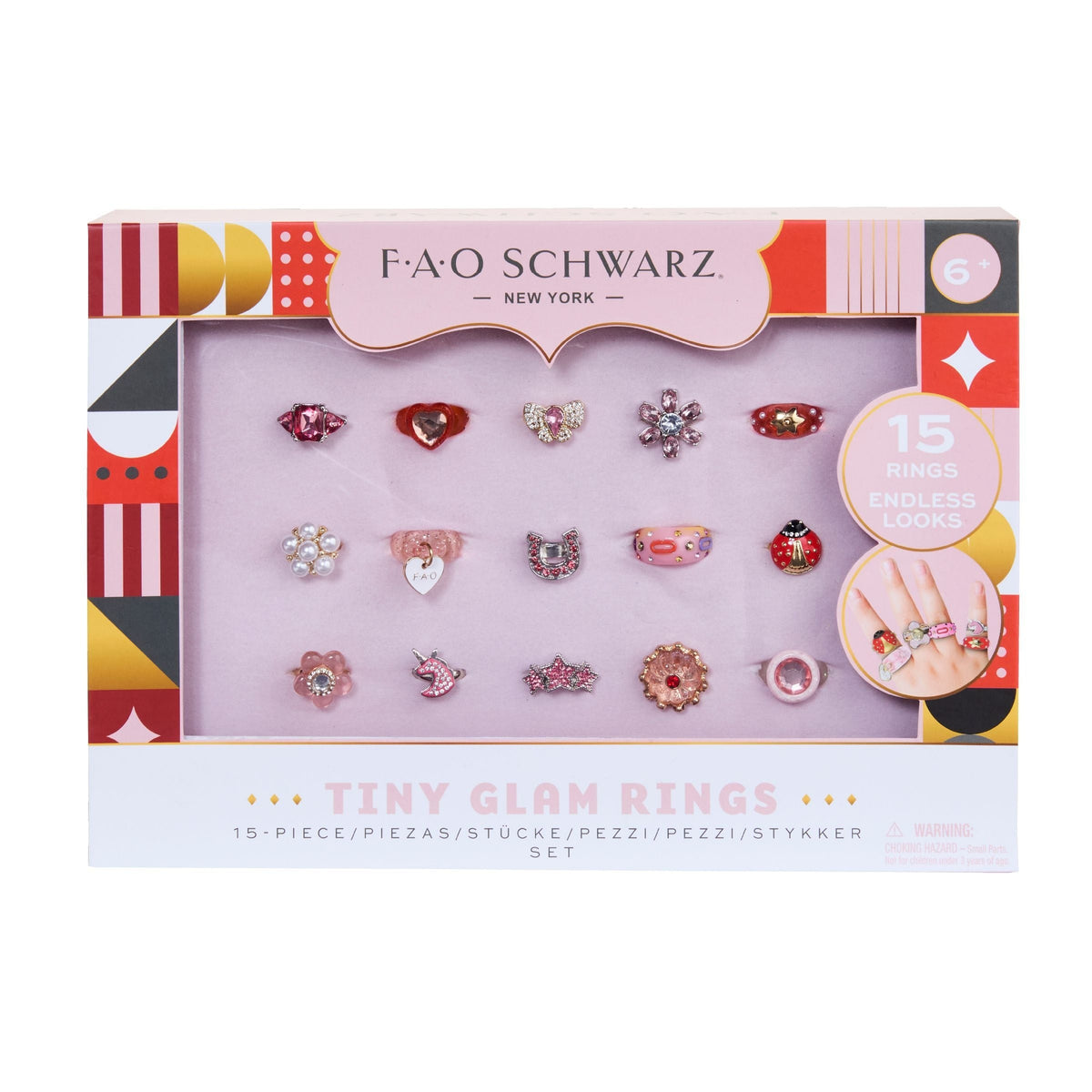 FAO Schwarz Kids Glam Rings Set, 15 Piece, Pink