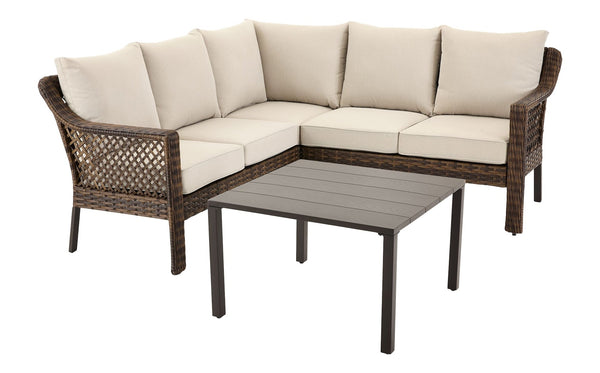 FOR LIVING Bracebridge All-Weather Wicker Outdoor Patio Sectional with Woodgrain Steel Table Top, Brown, 3-pc O9