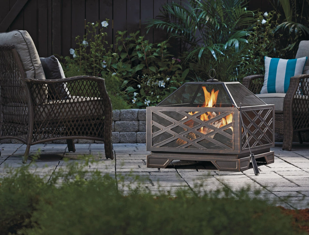 For Living Lawrence Steel Outdoor Wood Burning Fire Pit with Fireplace Poker, 25 x 25 x 26-in