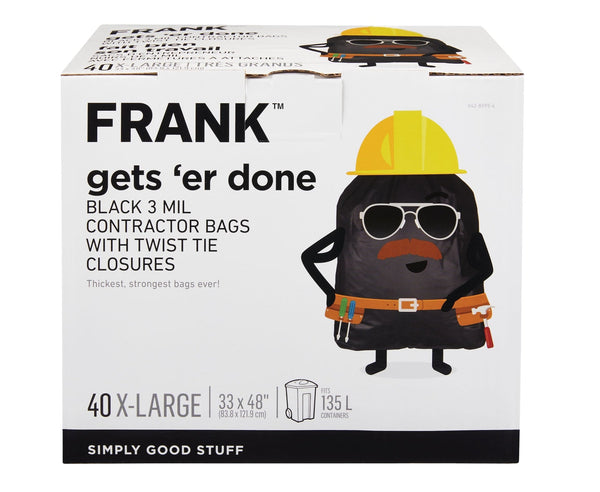 FRANK Extra-Large Twist-Tie Contractor Garbage Bags, 40-pk, Black, 135-L F2