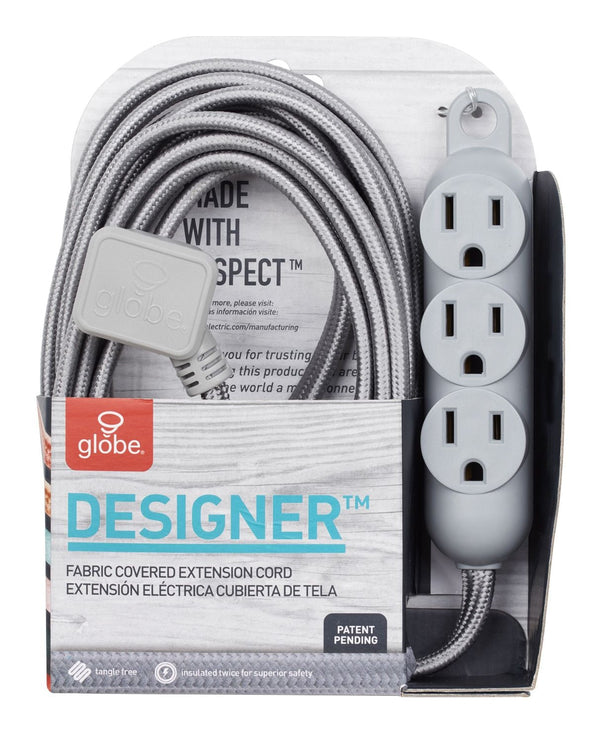 Globe 12-ft 16/3 Fabric Extension Cord, Right Angle Plug, 3 Outlets, Grey N4