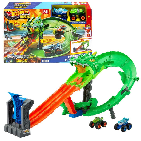 Hot Wheels Sharks vs. Dinos Dragon Destruction Playset with 2 1:64 Hot Wheels Monster Trucks V8
