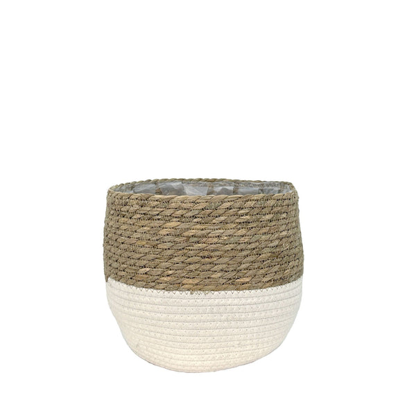 Lynne Weave Cotton Jute Round Basket Planter with Leaf-Proof Plastic Lining, 6-in Z4