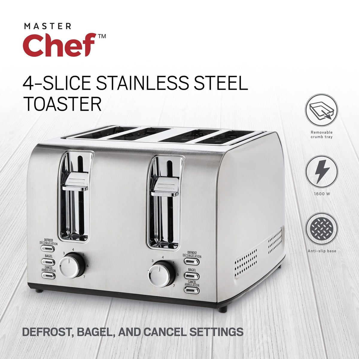 MASTER Chef Stainless Steel Toaster with 3 Settings, 4-Slice