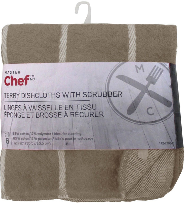 MASTER Chef Terry Cotton Checkered Dishcloths with Scrubber, 12-in x 12-in, 6-pk, Brown M5