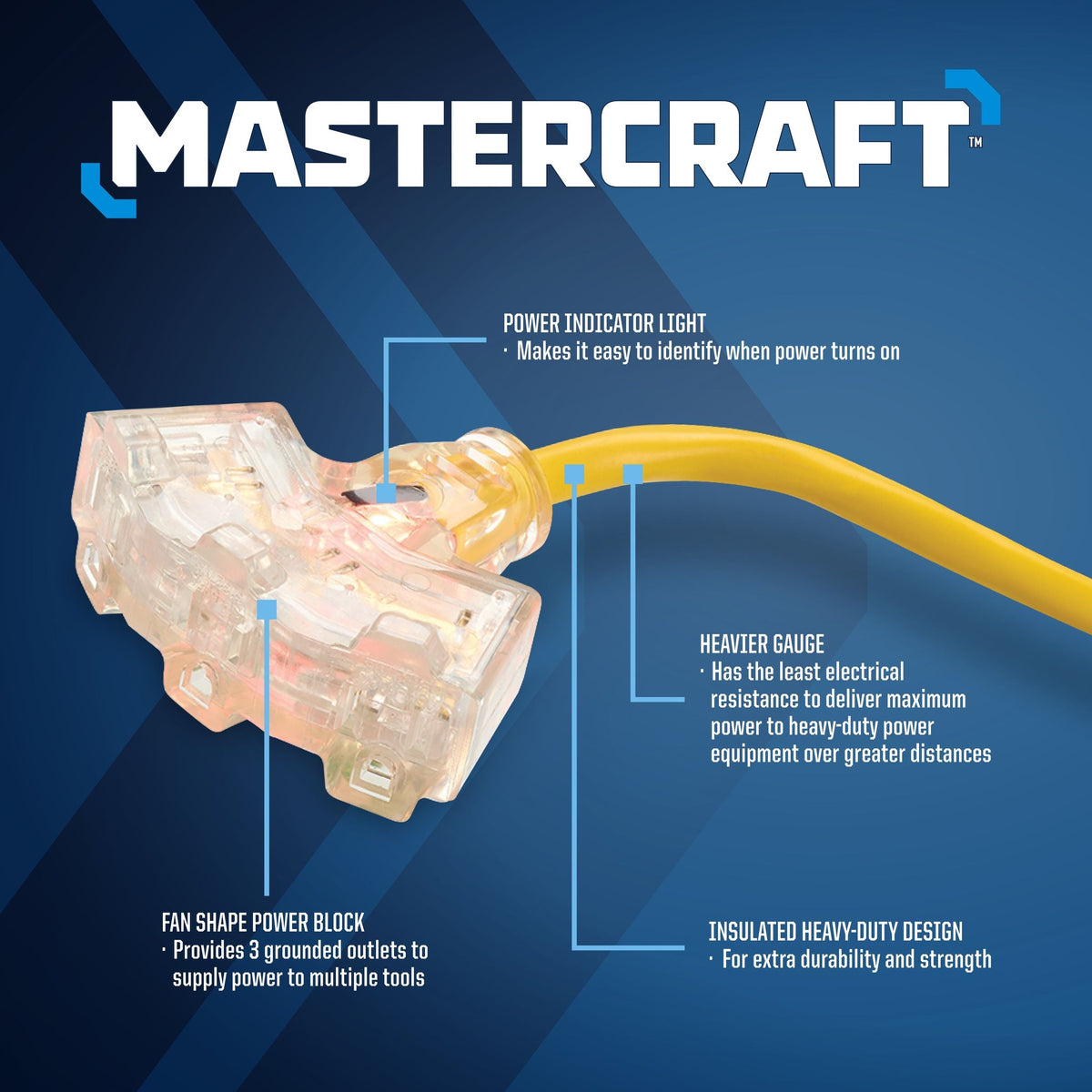 Mastercraft 15-ft 12/3 Outdoor Extension Cord with 3 Grounded Outlets and Lighted End, Yellow