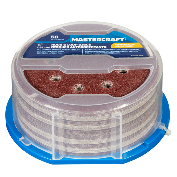 Mastercraft 5-in Assorted Grit Hook & Loop Aluminum Oxide 8-Hole Sanding Disc Set for Wood, Metal, 50-pc W4