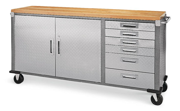 Mastercraft 72" Diamond Series 2-Door, 6-Drawer Wooden Top Work Station with Wheels, 72 x 21-5/8 x 37-1/2-in J3