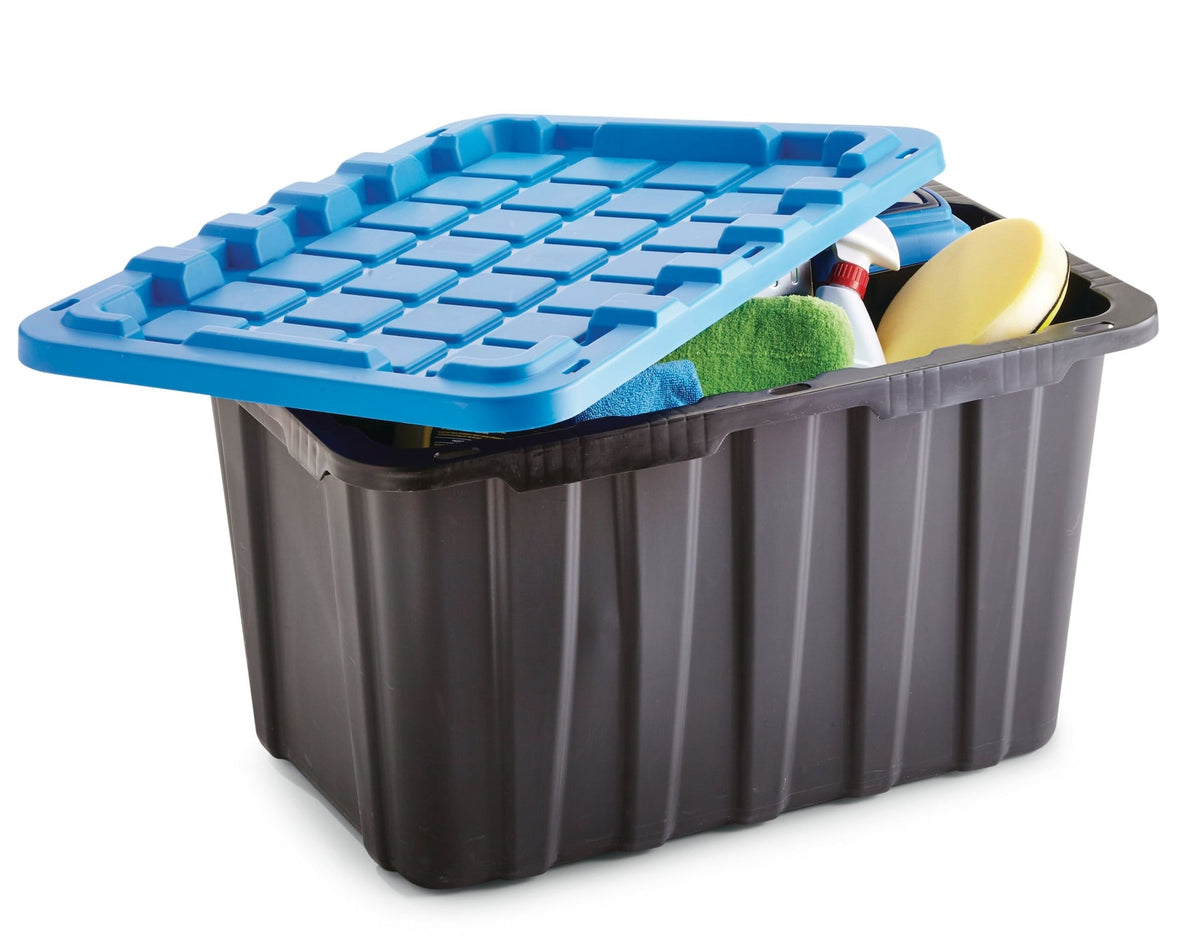 Mastercraft Heavy Duty Stackable Storage Box with Lid, 102-L, Black/Blue