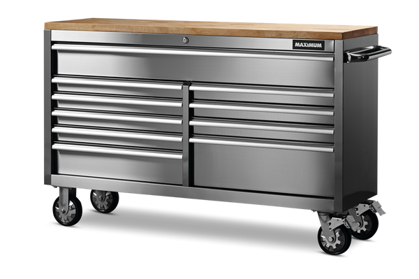 MAXIMUM Butcher Block Top Rolling Tool Storage Cabinet with 10 Drawers, Stainless Steel, 56-in B1