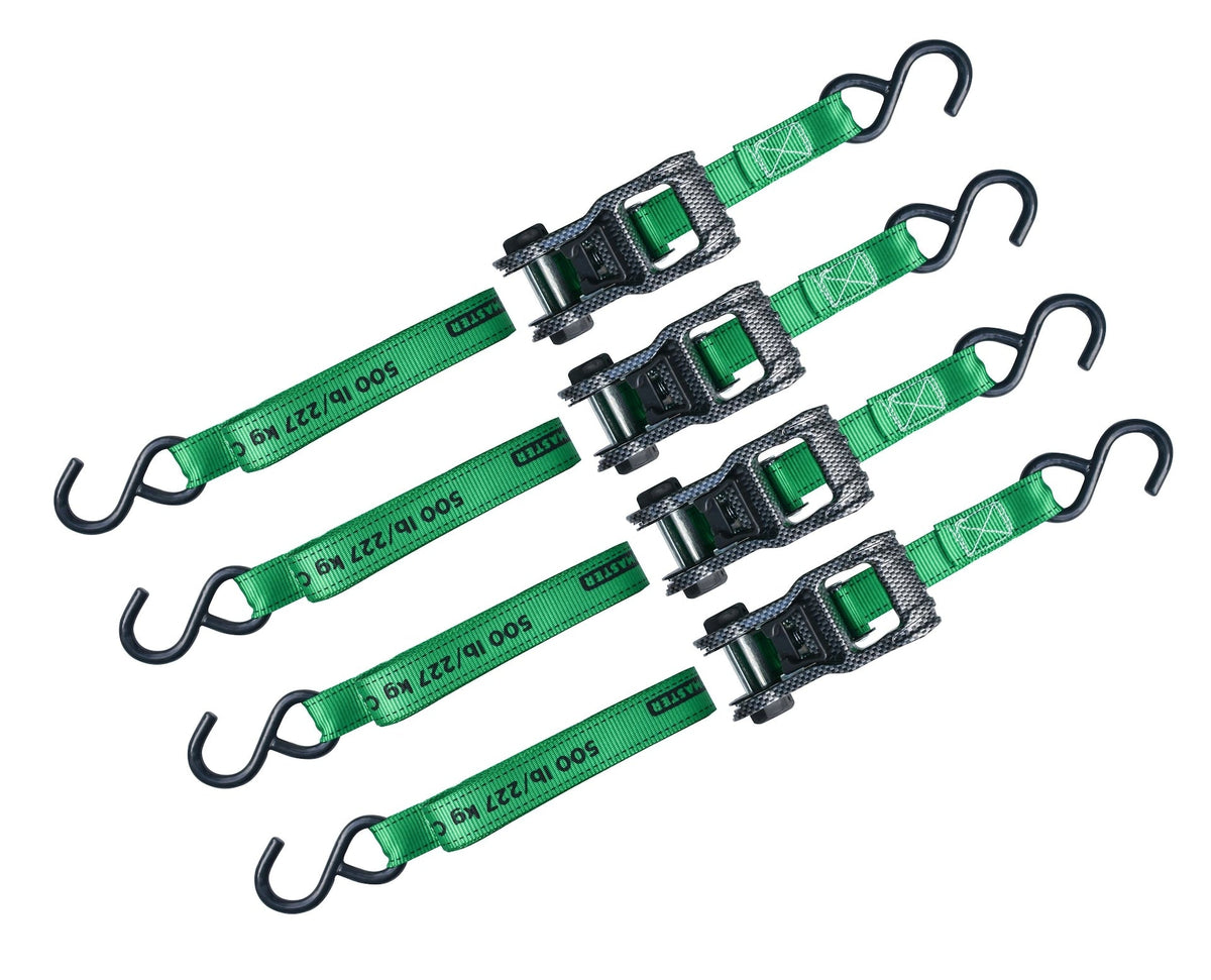 MotoMaster 1,500-lb Carbon Ratchet Tie Downs, Weatherproof, 1-in x 14-ft, 4-pk, Green