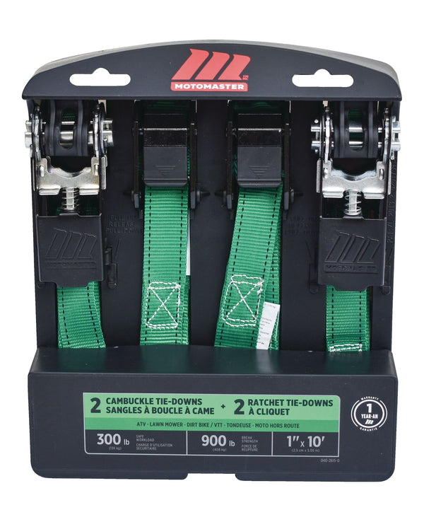 MotoMaster 900-lb Ratchet/Cambuckle Tie-Down Straps, Non-Padded, 1-in x 10-ft, 4-pk G0