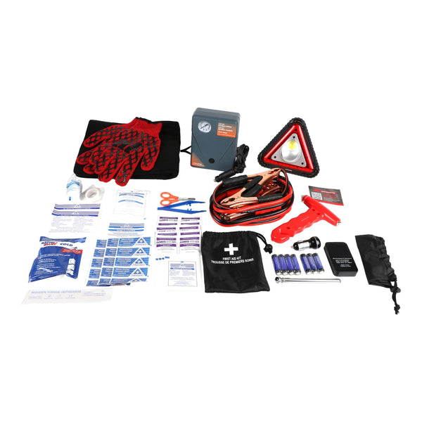 MotoMaster Executive Safety Kit with Booster Cables, Air Compressor & LED Flares A0