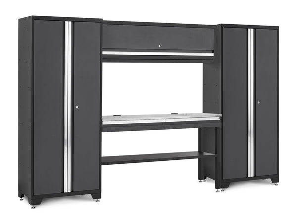 NewAge Bold 3.0 Series Lockable Steel Garage Cabinetry Set with Stainless Steel Top, Grey, 120-in x 18-in x 72-in, 5-pc J6